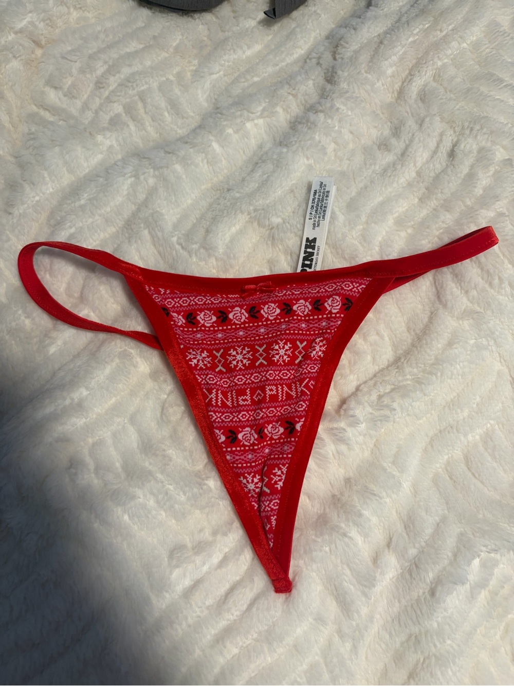 PINK Victoria's Secret Red and Light Pink Fair Isle Thong